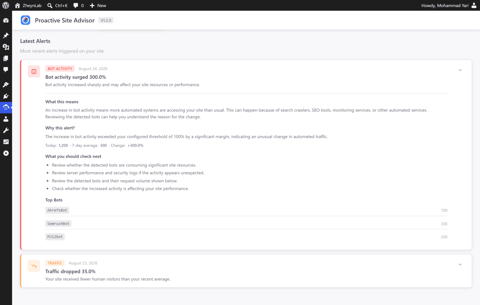 Proactive Site Advisor bot anomaly alert