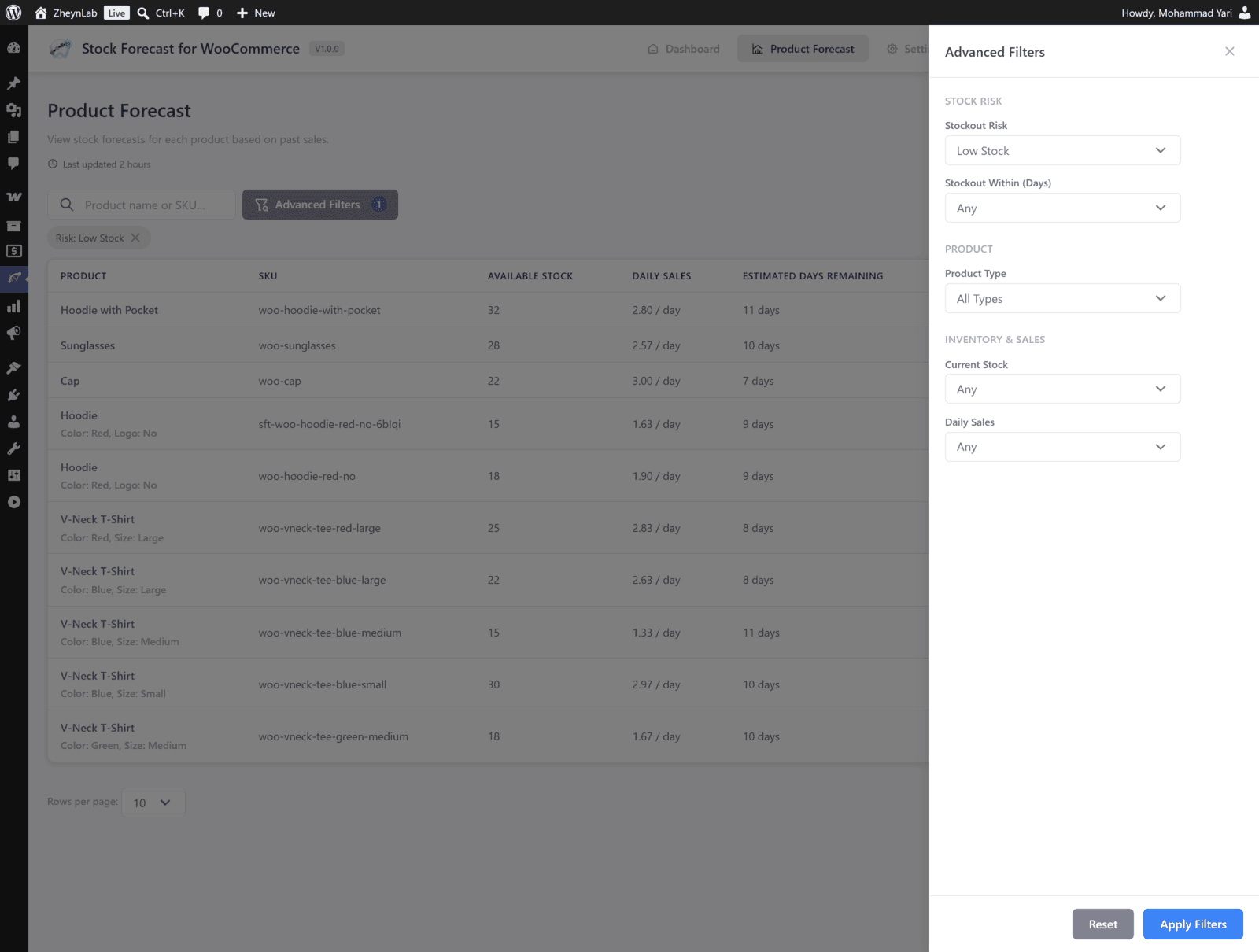 Filtered product forecast table in Stock Forecast for WooCommerce